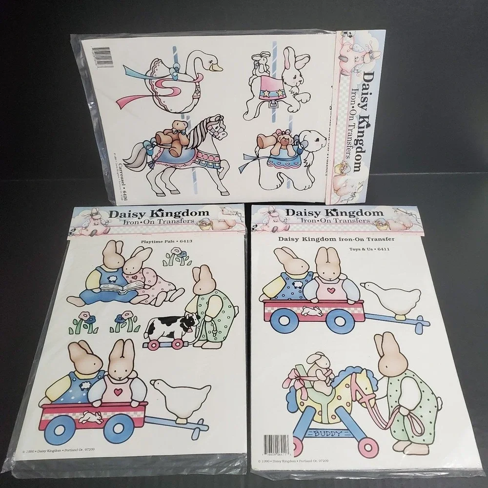 Daisy Kingdom Iron-On Transfers Lot of 3 - Carrousel, Toys & Us, Playtime Pals